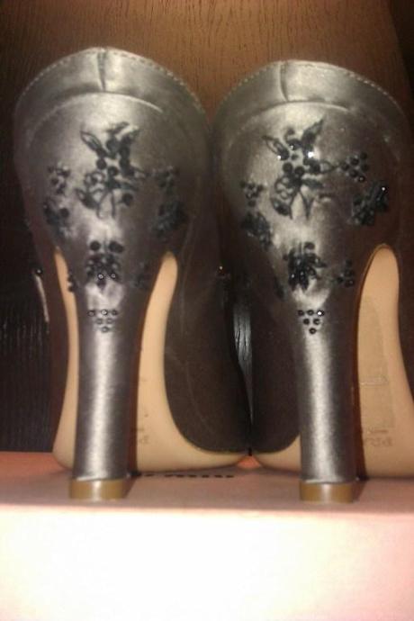 ShoeRoom #49 Prada Grey Satin Embroided Mules