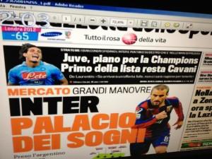 FOTO – Ecco la prima pagina della Gazzetta dello Sport,Cavani primo nella lista per la…