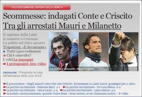 Scommesse: indagati Conte e Criscito,tra gli arrestati il capitano della Lazio Mauri e Milanetto