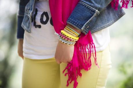 Yellow, denim and pink