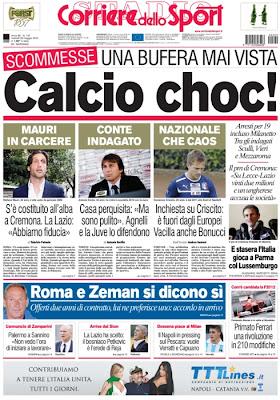 Calcioscommesse, prime pagine giornali in edicola