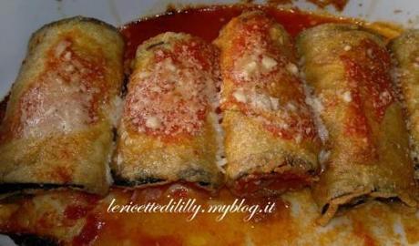 involtini,melanzane,forno,fritte,pomodoro,mozzarella,prosciutto