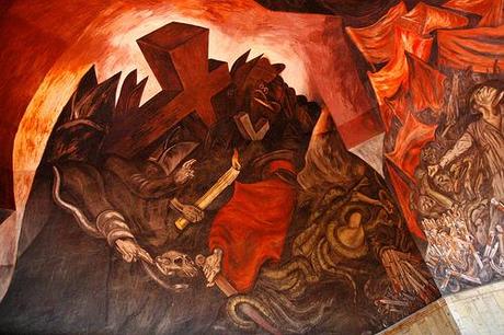 Popes blessings, ideologues, candle, red cross, snakes, corpses, knives, José Clemente Orozco Mural, Governor's Palace, (Palacio de Gobierno built in 1774), Guadalajara, Jalisco, Mexico