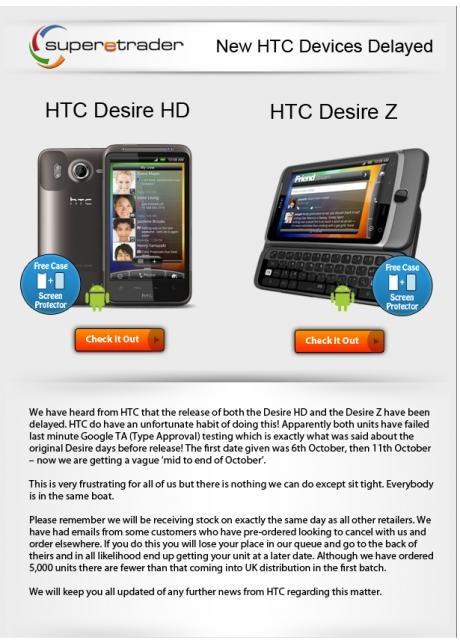 delayed HTC Desire Z and Desire HD delayed until end of October or beginning of November