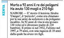 Morto a 92 anni il Re dei poligami. Ha avuto 130 mogli e 210 figli.