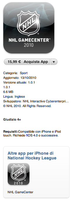 NHL GameCenter Premium App della settimana by Apple!