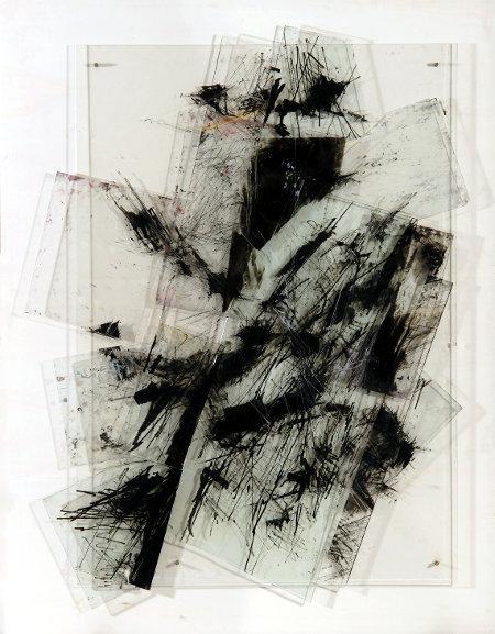 Sandro Martini, Quantità Taioba, 2009, vetro inciso e inchiostro tipografico su pannello cm. 130x100, Galleria Blu Milano arte e cultura