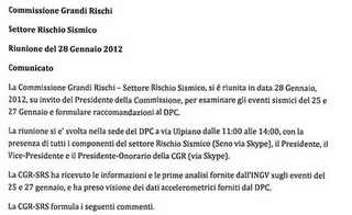 Verbale della Commissione Grandi Rischi del 28 gennaio 2012 sul terremoto dell'Emilia. Testo completo