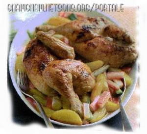 Pollo glassato al miele con contorno di patate e rabarbaro