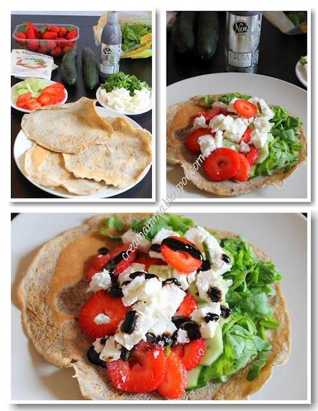 Crepe di grano saraceno con fragole, feta, rucola, cetriolo e aceto balsamico