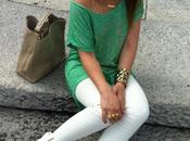 White pants asymmetrical t-shirt