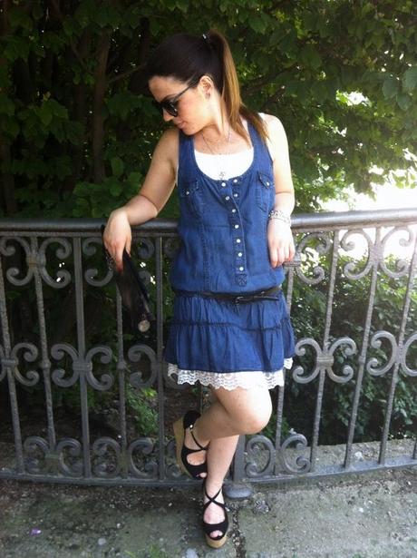 Denim dress and cork wedges