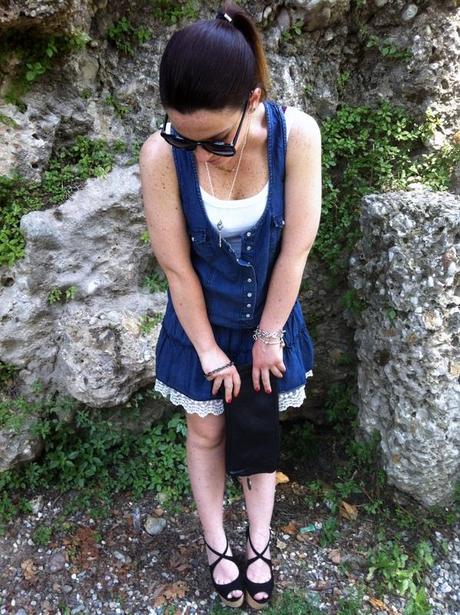 Denim dress and cork wedges