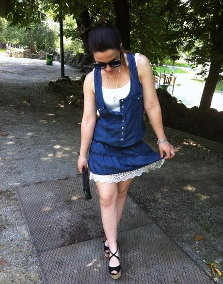 Denim dress and cork wedges