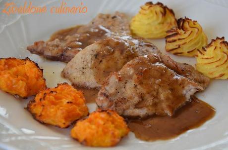 Scaloppine al caffè con patate e carote duchesse