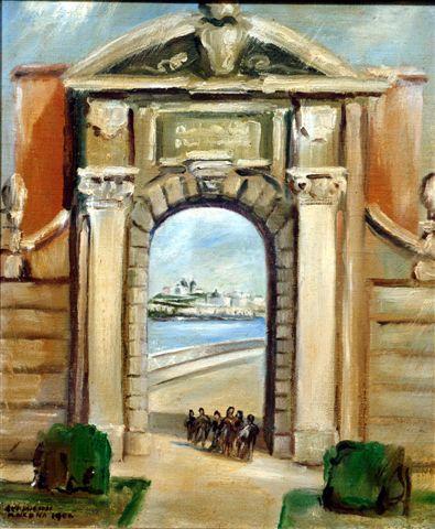 Dipinto esoterico, “Porta Pia con San Ciriaco in lontananza”, Ancona, 1956, Spadolini, Chicago anni ’30, Spadò - L’artista eclettico