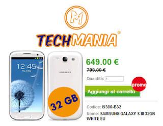 Samsung Galaxy S3, prezzo a 649 euro per il 32 GB su Techmania