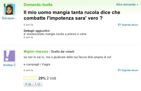 Rucola, tette, masturbazione…Le ultime da yahoo answer