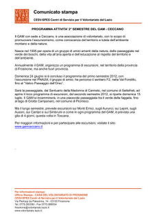 Programma del secondo semestre di escursioni, dell'associazione di volontariato, GAM - Gruppo Amici della Montagna, con sede a Ceccano