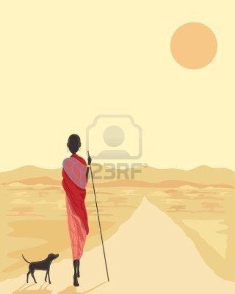 7632907-una-mano-disegnata-la-figura-di-un-uomo-masai-con-il-suo-cane-a-piedi-lungo-una-strada-in-africa-sot