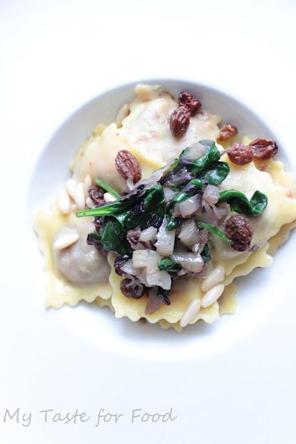 Ravioli al radicchio rosso,spinaci e senape dolce