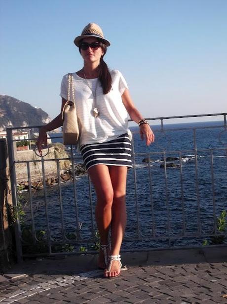 Striped skirt and white tee