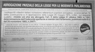 Referendum Abrogazione parziale della legge per le indennità parlamentari Referendum Abrogazione parziale della legge per le indennità parlamentari