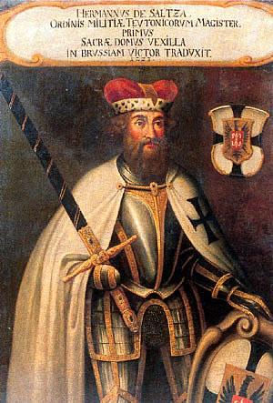 una immagine di Hermann von Salza quarto Gran Maestro dellOrdine Teutonico dal 1209 al 1239 su Guido Cervo: i Cavallier, lArme, lAudaci Imprese