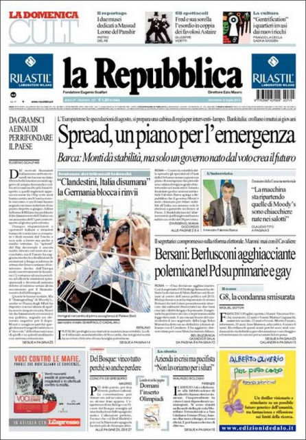 Prime pagine giornali: domenica 15 luglio 2012