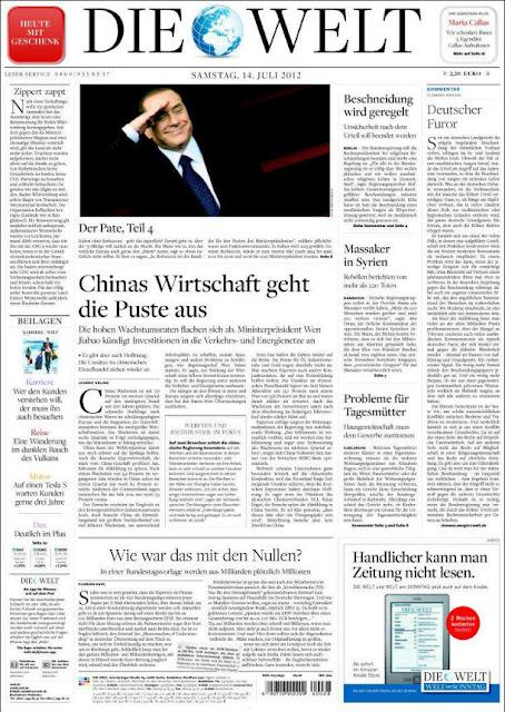 La prima pagina del quotidiano tedesco Die Welt sul ritorno di Berlusconi