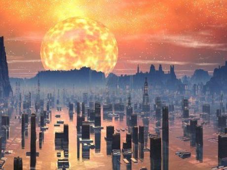Flooded Future City with Red Giant Sun Stock Photo - 10480252