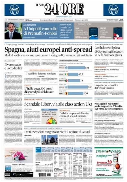 Prime pagine giornali: venerdì 20 luglio 2012