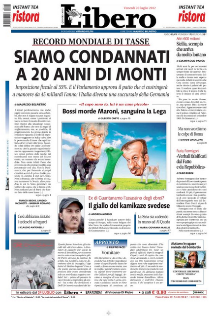 Prime pagine giornali: venerdì 20 luglio 2012