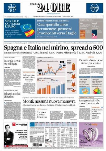 Prime pagine giornali: sabato 21 luglio 2012