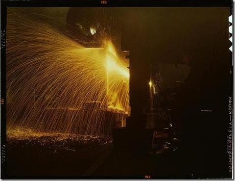 A welder who works in the round-house at the Chicago and Northwestern Railway Company's Proviso yard. Chicago, Illinois, December 1942. Reproduction from color slide. Photo by Jack Delano. Prints and Photographs Division, Library of Congress