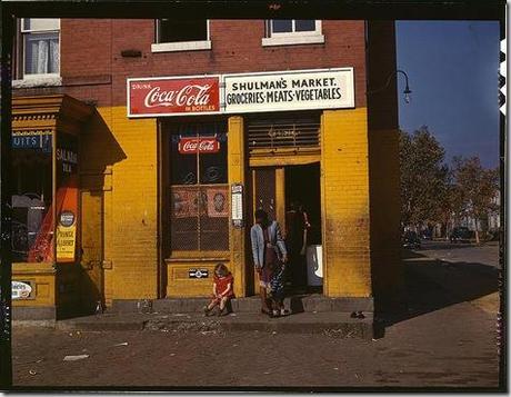 Shulman's market, on N at Union Street S.W. Washington, D.C., between 1941 and 1942. Reproduction from color slide. Photo by Louise Rosskam. Prints and Photographs Division, Library of Congress