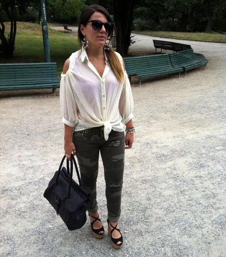 Camo pants and open shoulder blouse