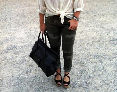 Camo pants and open shoulder blouse