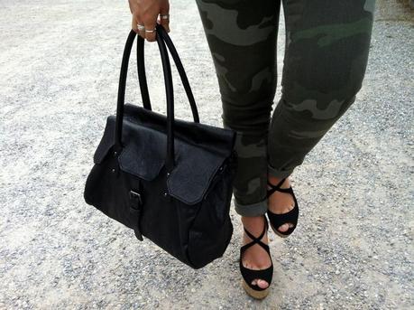 Camo pants and open shoulder blouse