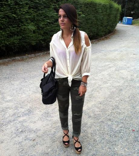 Camo pants and open shoulder blouse