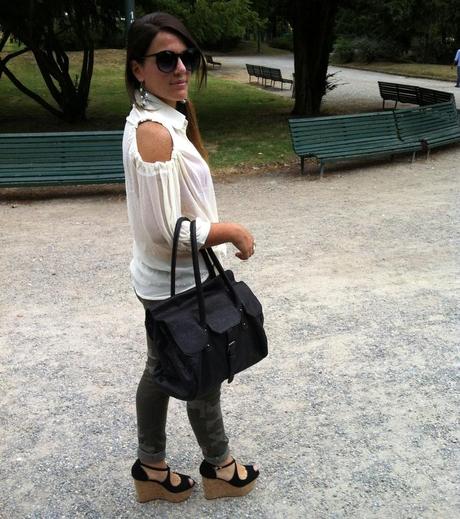 Camo pants and open shoulder blouse