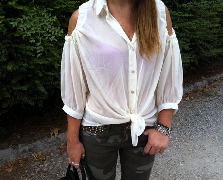 Camo pants and open shoulder blouse