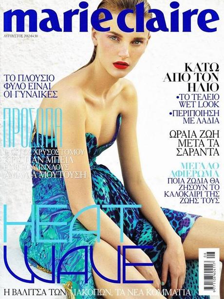 Romana Umrianova per Marie Claire Greece Agosto 2012 indossa un abito animalier color mare di Salvatore Ferragamo