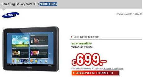 Galaxy Note 10.1 N8000 Black Acquisto già disponibile al prezzo di 699,00 Euro