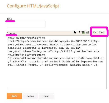 CONFIGURA CODICE HTML JAVA