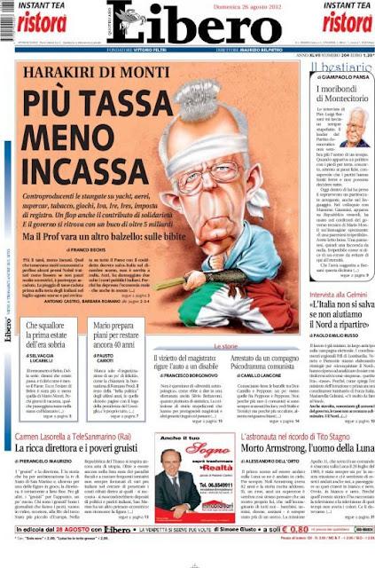 Prime pagine giornali: domenica 26 agosto 2012