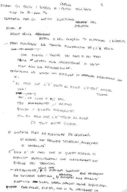Appunti manoscritti di Dario Fo per la presentazione de I Tarocchi di Dario Fo pubblicati dalla Casa Editrice Dal Negro.
