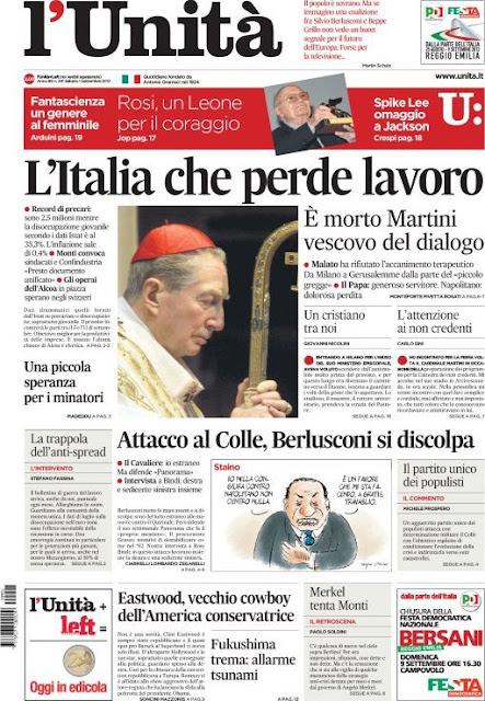 Prime pagine giornali: sabato 1 settembre 2012