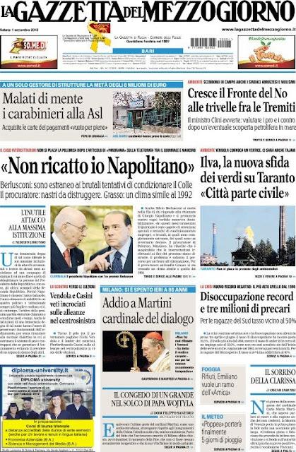 Prime pagine giornali: sabato 1 settembre 2012