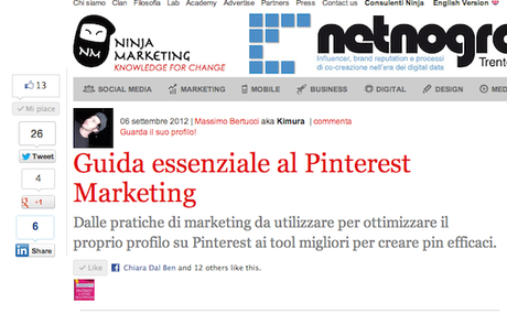 Ninja Marketing parla del mio ebook su Pinterest